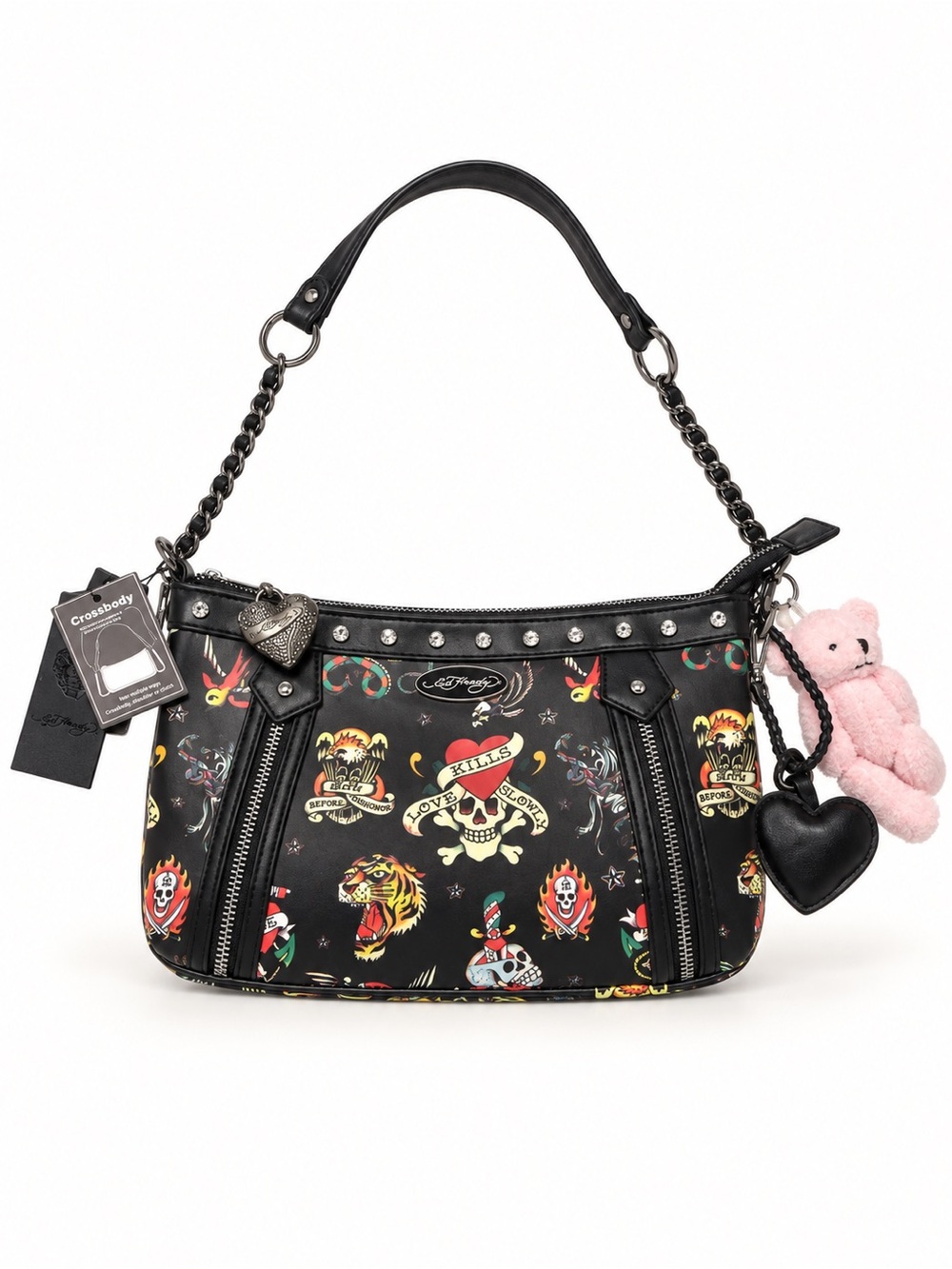 Ed Hardy Black Tattoo Print Vegan Leather Hobo Shoulder Bag Shoulder Bag Black N